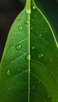 Close-up of a vibrant green leaf covered in water droplets