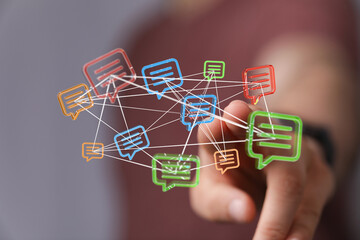 Conceptual image of a network of digital message bubbles, signifying communication and connection. Ideal for illustrating tech, social media, or