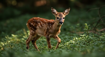 Young deer standing in a forest clearing with spotted fur