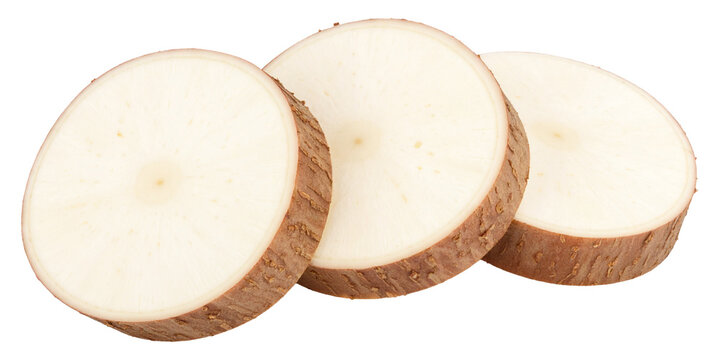 slices of raw cassava isolated on white background