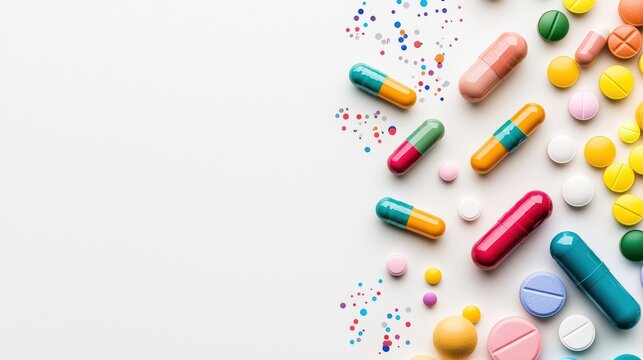 A dynamic wallpaper design with overlapping healthcare elements including colorful medication vials, ECG lines, and medical icons, set against a clean white background with a modern aesthetic and