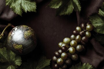 Moody Still Life of a Vintage Globe with Grapes and Leaves - Copy Space