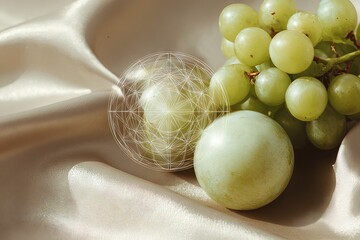 Elegant Green Grapes with Geometric Sphere on Silk
