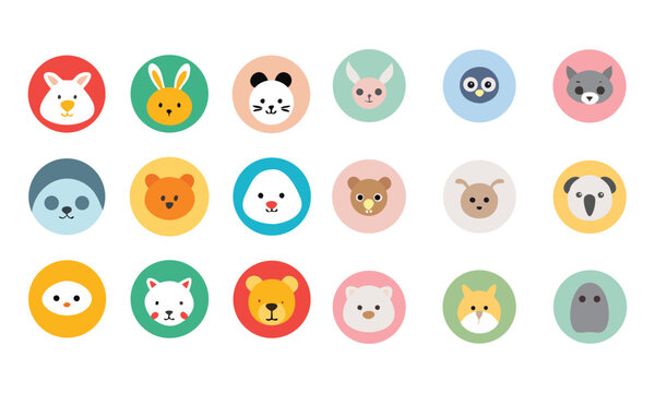 Collection of cute easter eggs decorated with adorable cartoon animal faces including bunnies bears pandas owls and more for spring holiday celebrations