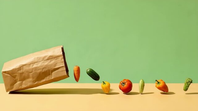 A brown paper bag tipped on its side with vegetables flying out: carrots, cucumbers, a tomato and peppers against a green background.