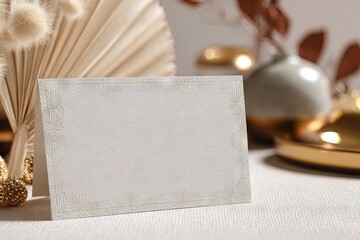 Bohemian Standing Card Mockup with Dried Grass and Gold Decor