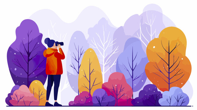 Woman looking through binoculars in colorful forest
