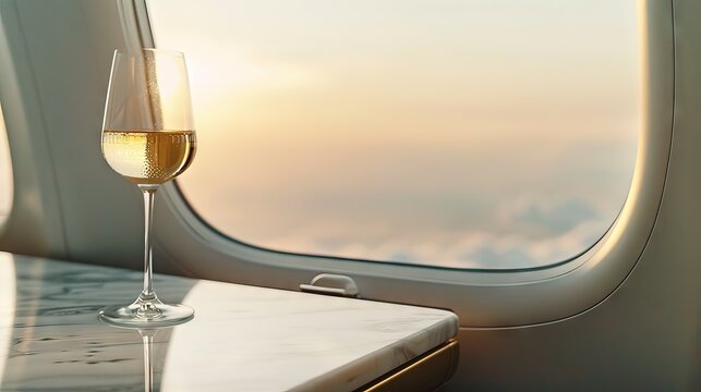 Luxury Travel with Champagne Overlooking Sunset from Private Jet