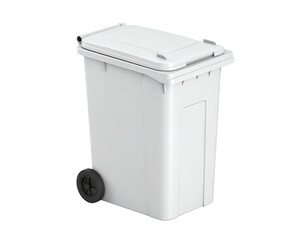 A clean, off-white plastic waste receptacle with a hinged lid and rolling wheel