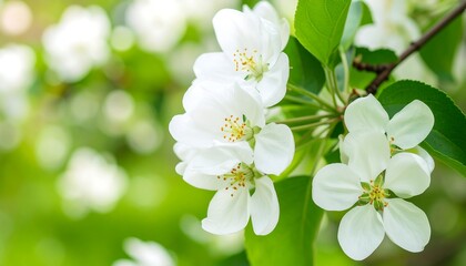 Fototapeta premium Close-up of delicate white blossoms on a tree branch. Soft focus background of lush green foliage