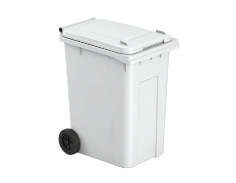 A clean, off-white plastic waste receptacle with a hinged lid and rolling wheel