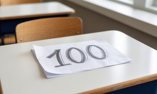 A paper with "100" on a school desk
