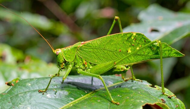 Close-up of a vibrant green leaf insect camouflaged on a leaf