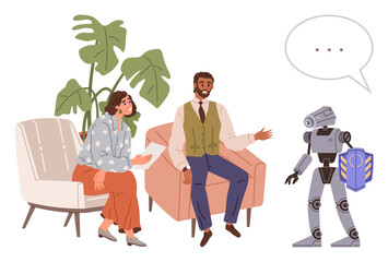 Group discussion with humanoid robot, man, woman in living room setting. Ideal for AI interaction, teamwork, innovation, technology, human-robot connection casual meeting future communication. A