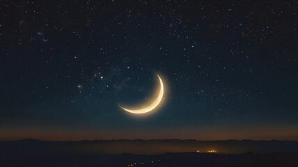 Crescent moon. light from the sky. Night sky with stars