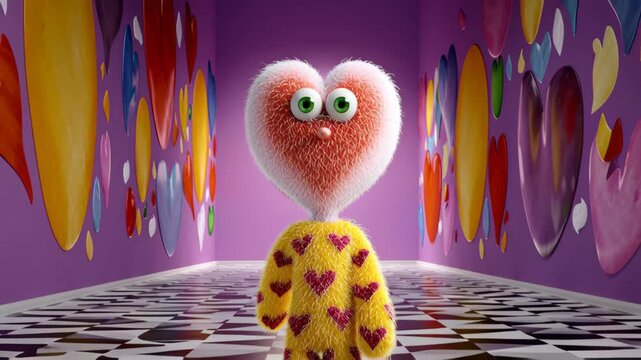 Heart-shaped character with vibrant eyes and fuzzy texture stands in a colorful hallway adorned with playful heart murals, expressing a whimsical journey through a whimsical art space filled with joy