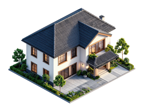 Isometric view of a modern two-story home with a dark roof and lush landscaping