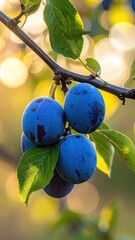 Plums on Branch with Green Leaves and Bokeh Background in Golden Light