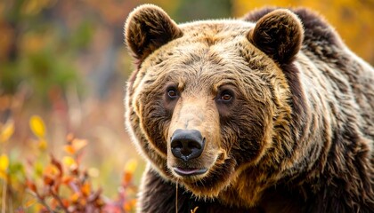 Fototapeta premium Close-up of a brown bear in autumn foliage