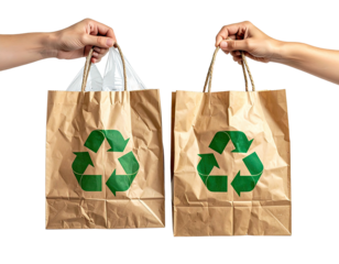 Two hands hold brown paper shopping bags with green recycle symbols