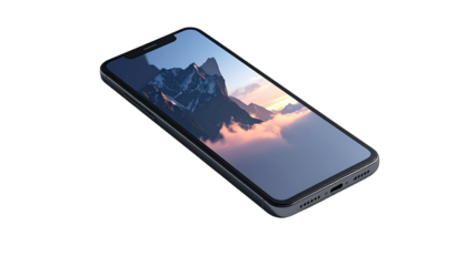 A smartphone displays a mountain landscape against a sunset-colored sky, angled perspective