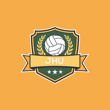 JHU Volleyball Logo Design JHU Modern Sports Shield Emblem with Ball, Laurel and Ribbon for Volleyball Club, JHU Tournament and Team Branding
