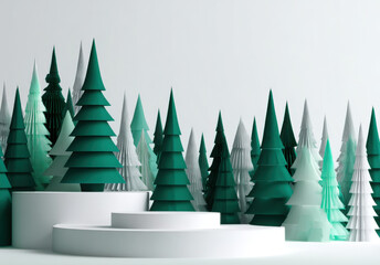White podium with green Christmas trees on a white background