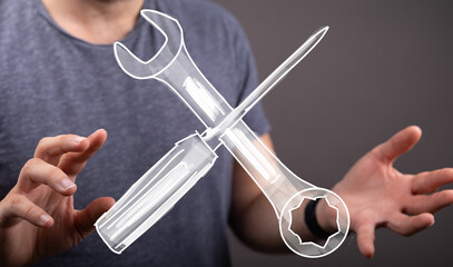 Image of hands holding virtual tools, symbolizing repair, maintenance, tech support,...