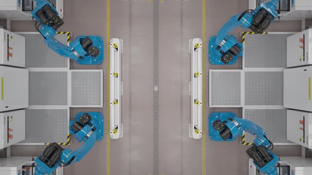 Timelapse of robotic arms assembling battery modules of electric cars. Fully automated EV production line with AI and autonomous robots. Modern electric car factory. Top view. 3d animation render