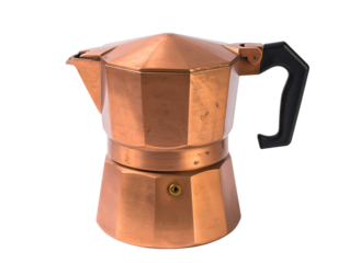 Vintage Copper Moka Pot with Matte Finish, Angled Side Perspective, Isolated PNG