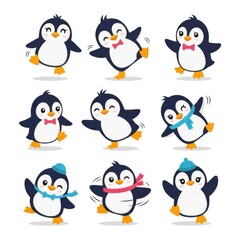 Obraz premium Collection of playful cartoon penguins dancing and wearing festive accessories