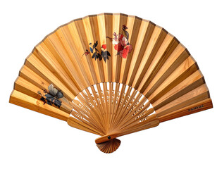 Light brown wooden hand fan, decorated with painted flowers and foliage
