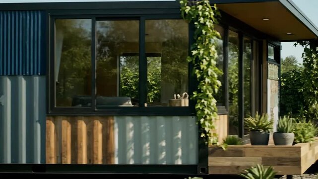 Inspecting Unique Exterior of a Modern Shipping Container Home During The Day