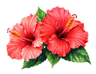 Two vibrant red hibiscus flowers with green leaves