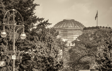 Glass dome of the Reichstag building in Berlin with modern architectural design and panoramic city views