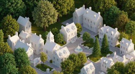 Architectural rendition of small town amidst lush greenery, showcasing a serene environment