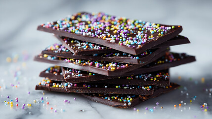 Close-up of stacked dark chocolate pieces topped with colorful sprinkles, arranged neatly on a smooth white marble slab, high detail, natural lighting