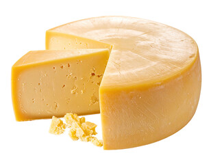 Round wheel of pale yellow cheese, sliced