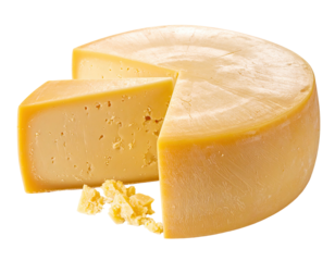 Round wheel of pale yellow cheese, sliced