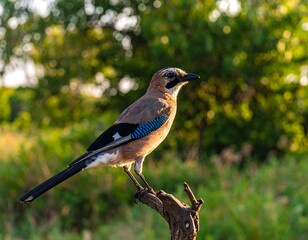 Eurasian Jay perched on a branch, sunlight