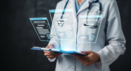 Medical Quality Assurance Doctor Reviewing Digital Certification Documents

