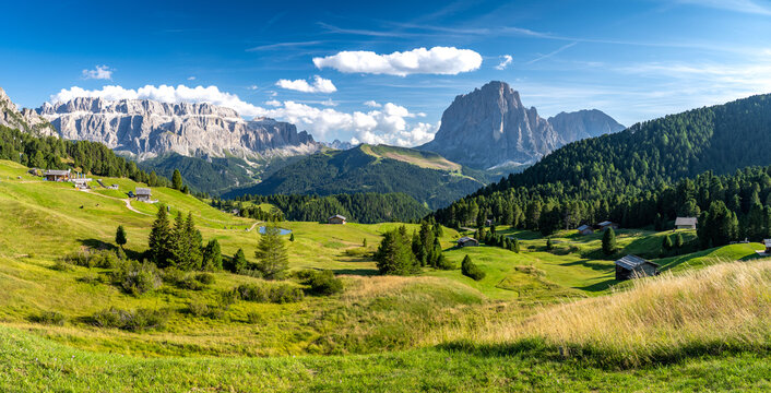 view on Sella group and Sassolungo from Seceda in Dolomites, Val Gardena, Italy