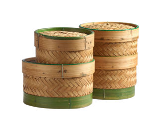 Three stacked bamboo steamer baskets with green bands