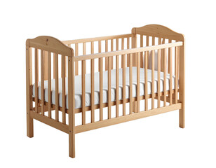 Light-colored wooden crib with white mattress