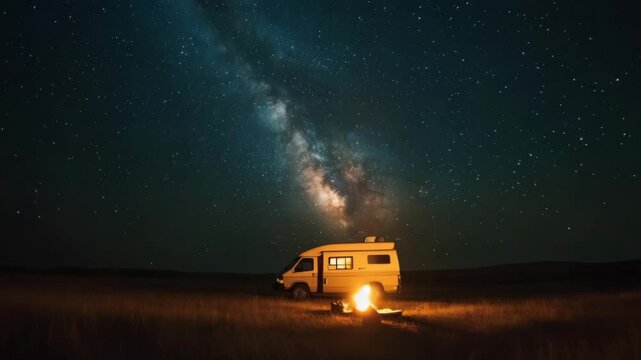 A van is parked in a field with a fire in front of it. The sky is dark and full of stars. A camper van parked in an open grassland 