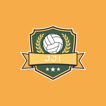 JJI Volleyball Logo Design JJI Modern Sports Shield Emblem with Ball, Laurel and Ribbon for Volleyball Club, JJI Tournament and Team Branding
