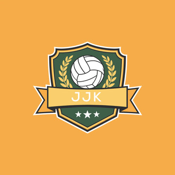 JJK Volleyball Logo Design JJK Modern Sports Shield Emblem with Ball, Laurel and Ribbon for Volleyball Club, JJK Tournament and Team Branding
