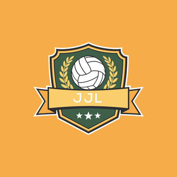 JJL Volleyball Logo Design JJL Modern Sports Shield Emblem with Ball, Laurel and Ribbon for Volleyball Club, JJL Tournament and Team Branding
