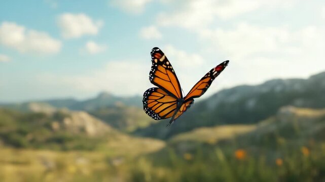 A butterfly is flying in the sky above a grassy field. The butterfly is orange and black. A butterfly fluttering in a serene landscape