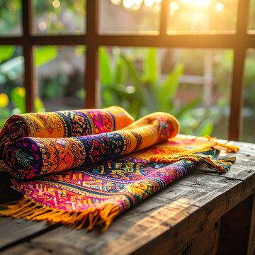 "Elegant Balinese Endek Woven Fabric With Vibrant Colors And Geometric Designs On Rustic Wooden Surface
